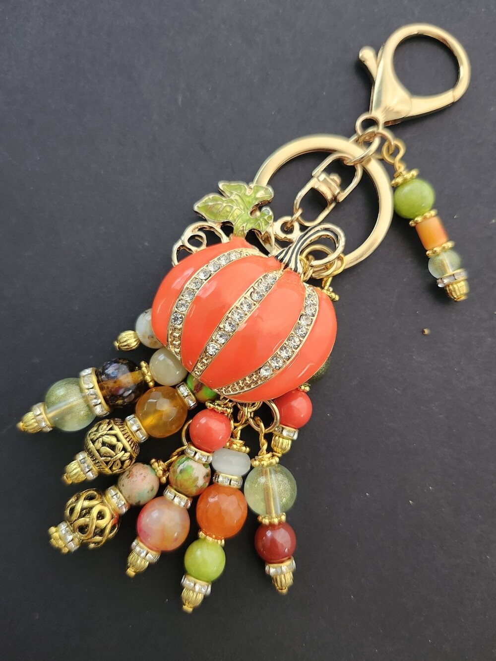 Pumpkin Bag Charm or Keychain Rhinestone Jade Agate Carnelian Handcrafted